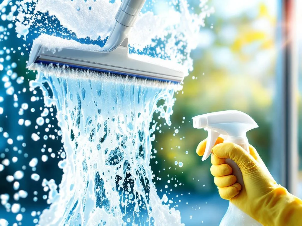 Professionele raamreiniging met trekker die streeploos schoon glas creëert met waterdruppels en natuurlijk licht