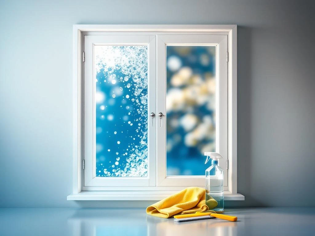 Wit raamkozijn half schoon, half met waterdruppels, met zwabber en microvezeldoek op blauwe achtergrond