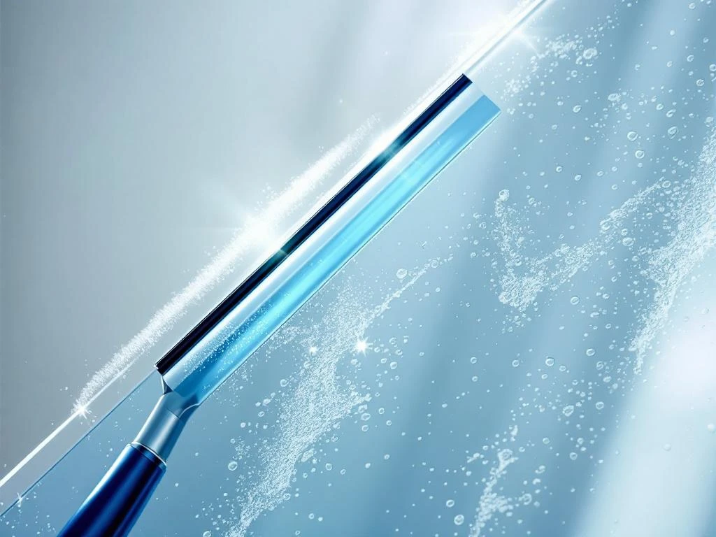 Professionele raamwisser reinigt glasruit met trekker, half schoon en half met zeepsop en waterdruppels