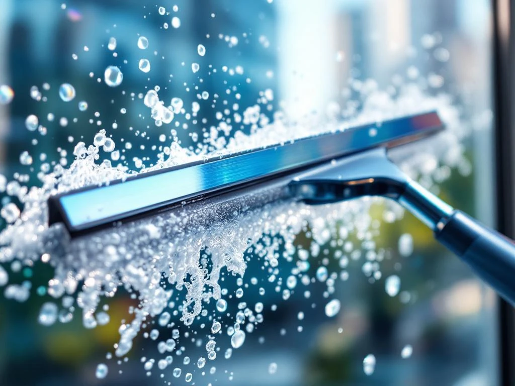Professionele raamwisser op helder glas met waterdruppels en zeepschuim in zonlicht bij raamreiniging