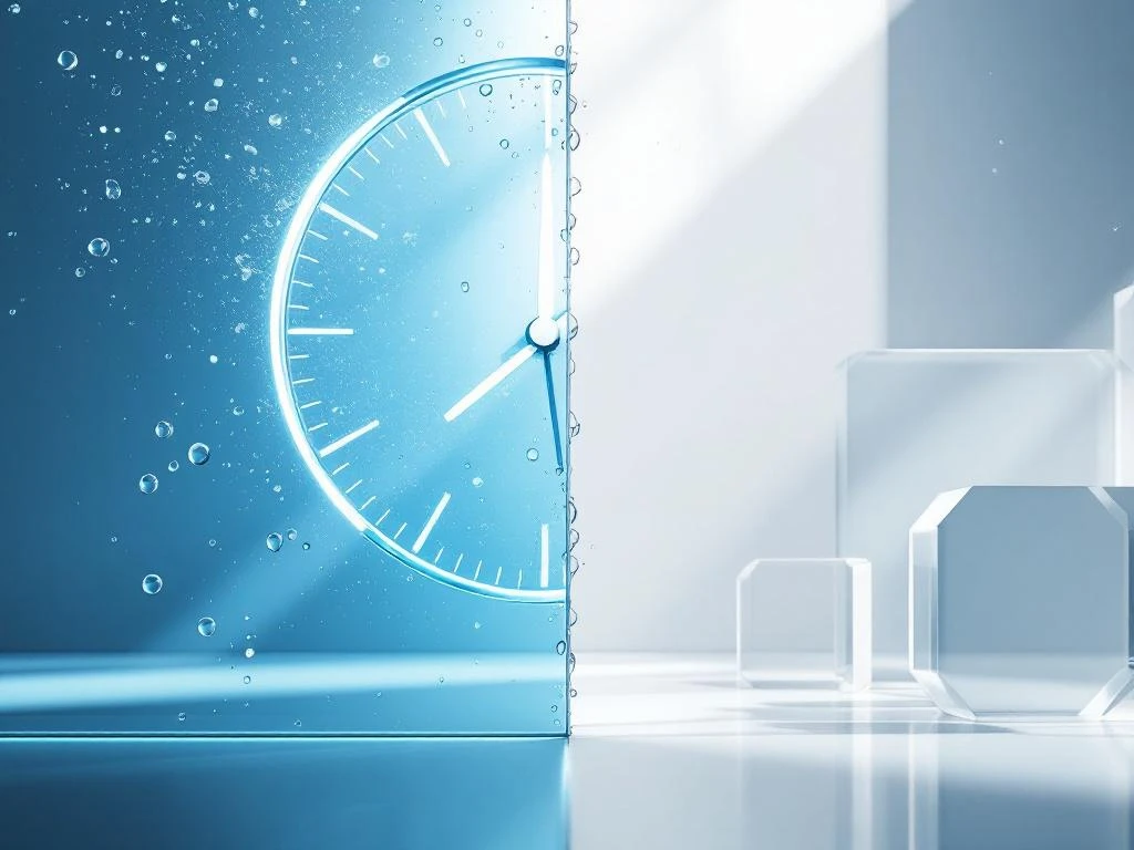 Schoon raam met klok en geometrische vormen, blauwe en witte tinten, symboliseert tijdsbesparing en efficiëntie