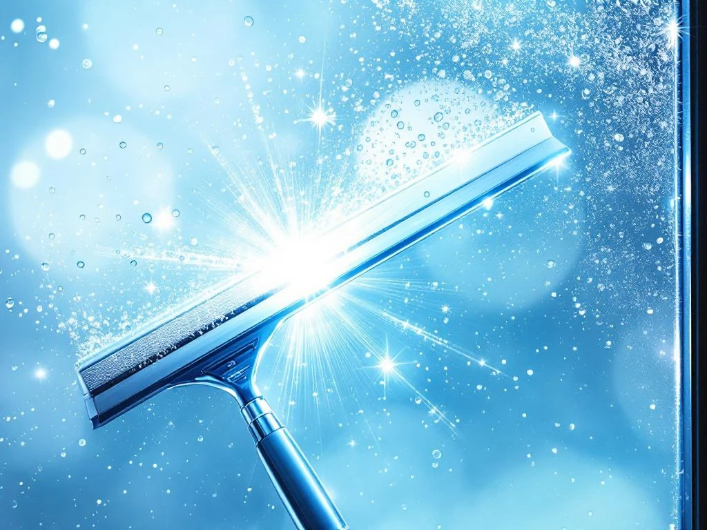Professionele raamwisser met chroom details op kristalhelder glas met waterdruppels en lensflares in blauw-wit