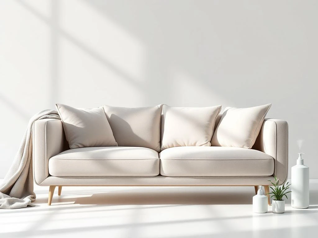 Beige bank met drie minimalistische schoonmaakmiddelen en frisse nevel op witte achtergrond