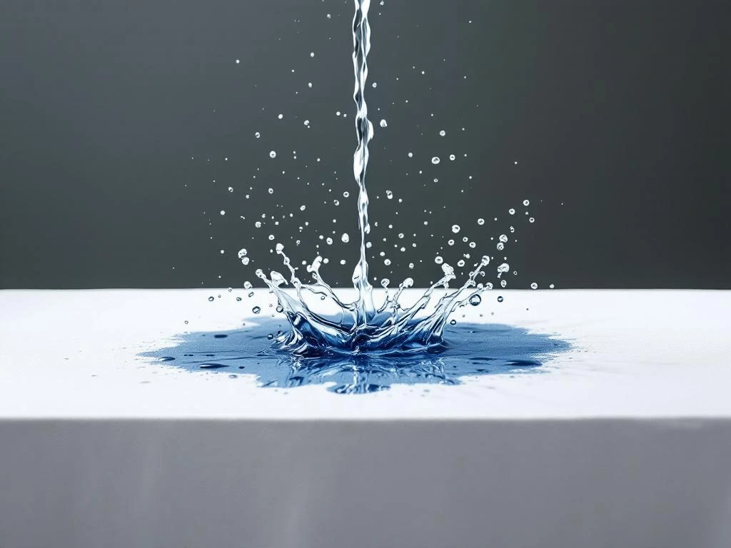 Donkere vlek lost op in wit textiel onder stromend water met blauwe reinigingsoplossing