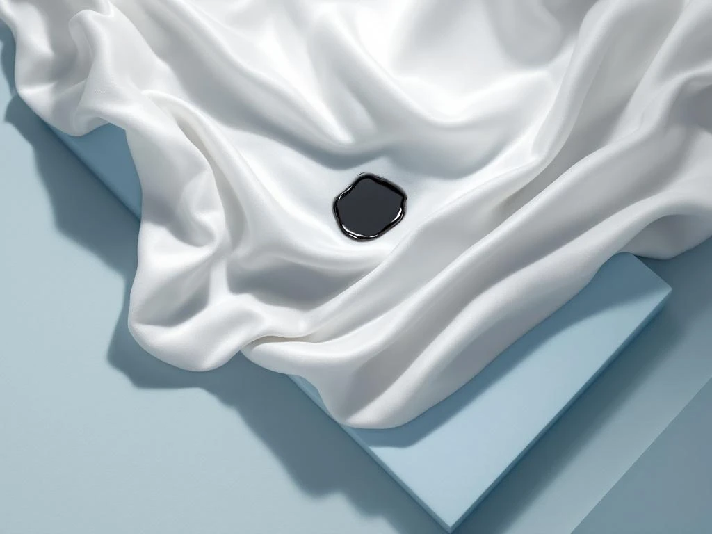 Donkere vlek op wit textiel met dramatische belichting en geometrische vormen die professionele vlekverwijdering suggereren