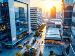 Luchtfoto van moderne kantoorgebouwen met glazen gevels en professionele schoonmaakdienst uitrusting bij ingangen