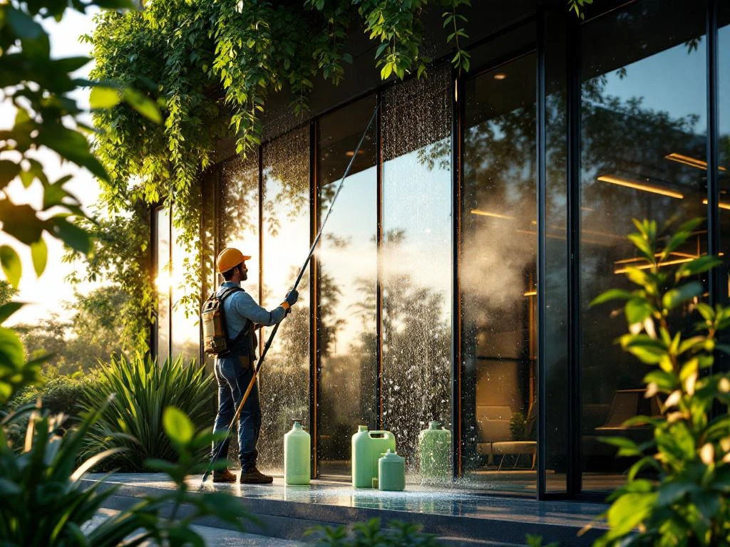 Professionele schoonmaker reinigt moderne glasgevel met milieuvriendelijke waterzuiveringsmethode bij zonsondergang