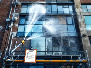 Professionele gebouwreiniging met hogedrukspuit op bakstenen gevel, met reinigingsapparatuur en onderhoudslijst