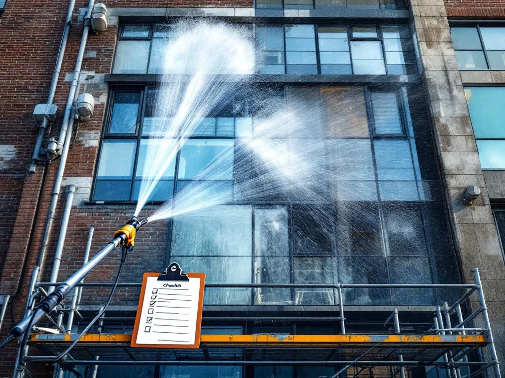 Professionele gebouwreiniging met hogedrukspuit op bakstenen gevel, met reinigingsapparatuur en onderhoudslijst