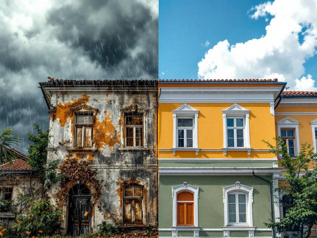 Gebouwgevel in split-screen: links verweerd door storm en regen, rechts schoon en helder onder blauwe lucht