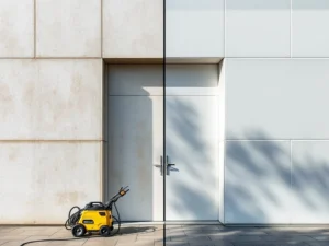 Gebouwgevel voor en na professionele reiniging toont contrast tussen schone witte muur en verweerde algengroei