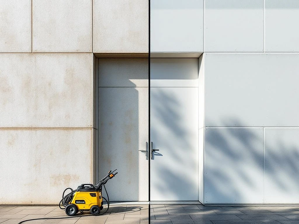 Gebouwgevel voor en na professionele reiniging toont contrast tussen schone witte muur en verweerde algengroei