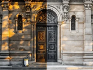 Historische gebouwgevel half schoon, half vuil toont dramatisch contrast van professionele steenreiniging bij gouden uur