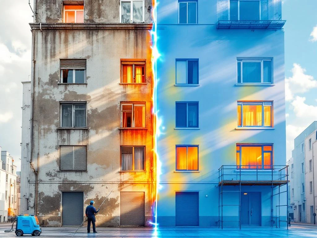 Voor en na vergelijking van gebouwreiniging: vuile gevel met algengroei links, schone gevel rechts, professionele reinigingsapparatuur