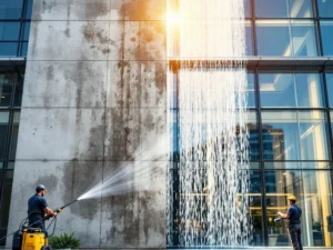 Gebouwgevel reiniging voor en na vergelijking met professionele schoonmaakapparatuur en waterstralen