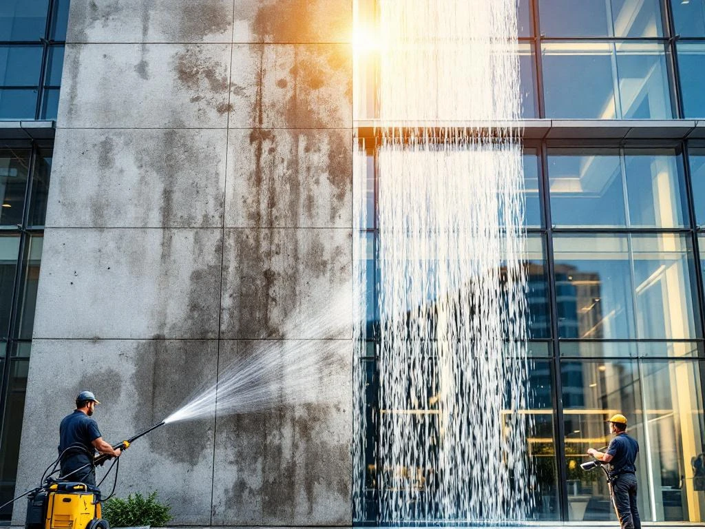 Gebouwgevel reiniging voor en na vergelijking met professionele schoonmaakapparatuur en waterstralen