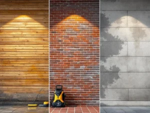 Drie gebouwgevels van hout, baksteen en beton met schoonmaakapparatuur, toont voor-en-na reiniging contrast