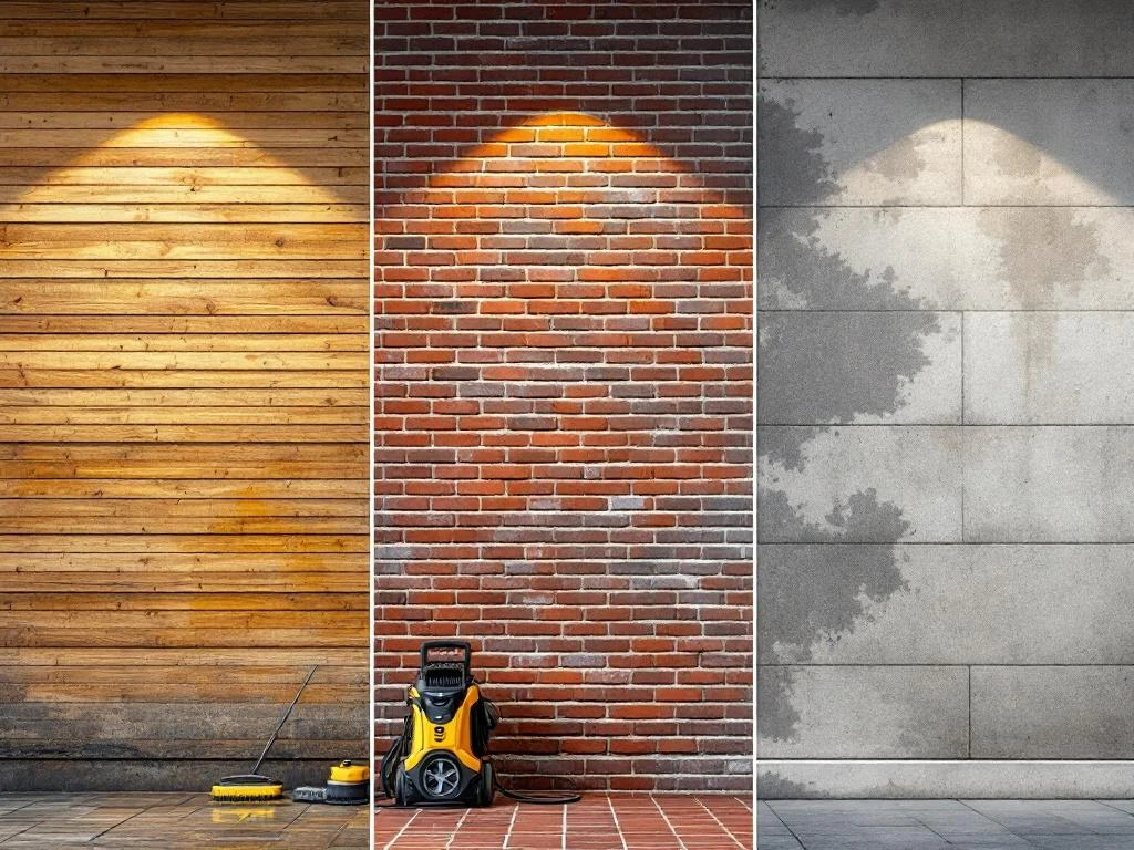 Drie gebouwgevels van hout, baksteen en beton met schoonmaakapparatuur, toont voor-en-na reiniging contrast