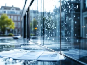 Professionele schoonmaak van glazen kantoorgebouw met hogedrukreinigers, vergunningen en Nederlandse gemeente op achtergrond