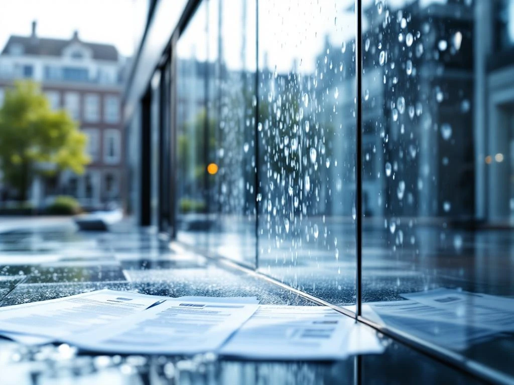 Professionele schoonmaak van glazen kantoorgebouw met hogedrukreinigers, vergunningen en Nederlandse gemeente op achtergrond