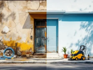 Gebouwgevel voor en na professionele reiniging: verweerd beton links, schone geverfde muur rechts met reinigingsapparatuur