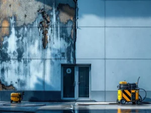 Gebouwgevel reiniging vergelijking: chemische schade links versus veilige eco-vriendelijke methoden rechts