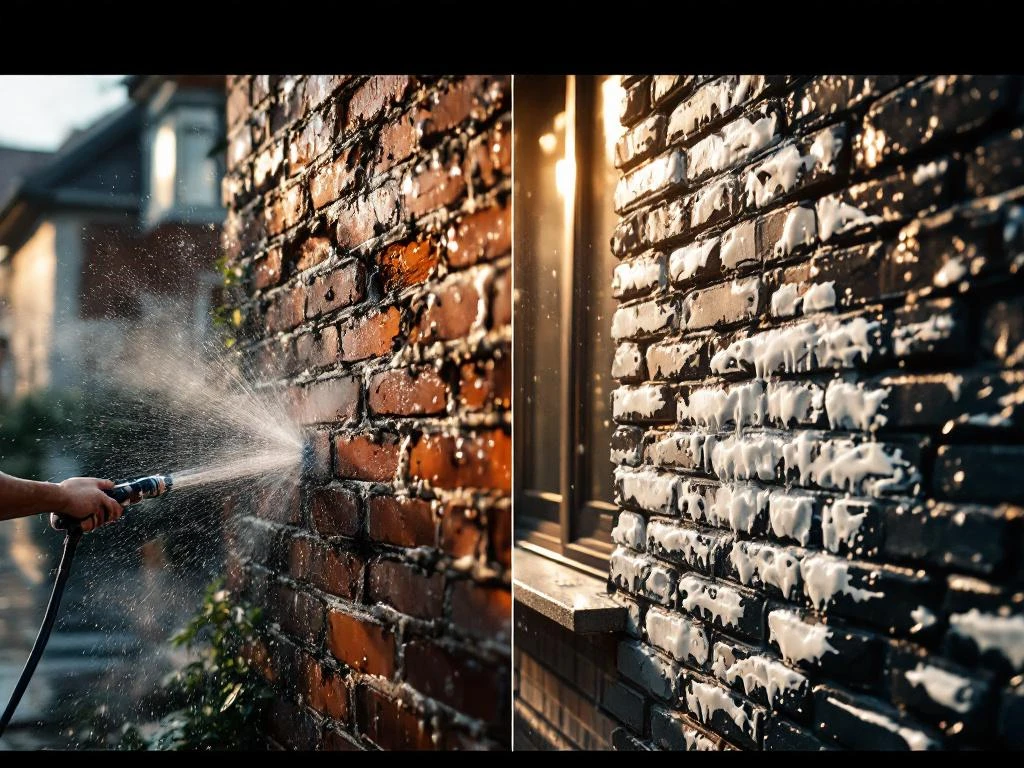 Gevelsreiniging fouten: hogedrukspuit beschadigt bakstenen links, verkeerde chemicaliën veroorzaken witte vlekken rechts