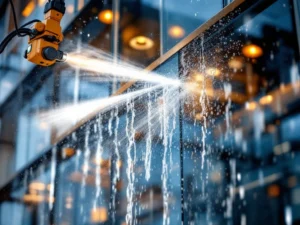 Moderne glazen gevelreiniging met robotarmen en hogedrukstralen op wolkenkrabber