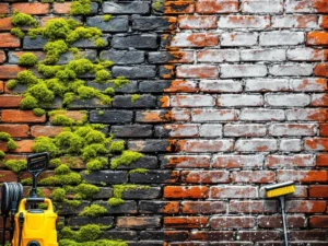 Gevelbescherming voor en na: vuile bakstenen muur met mos links, schone gerestaureerde muur rechts, reinigingsapparatuur