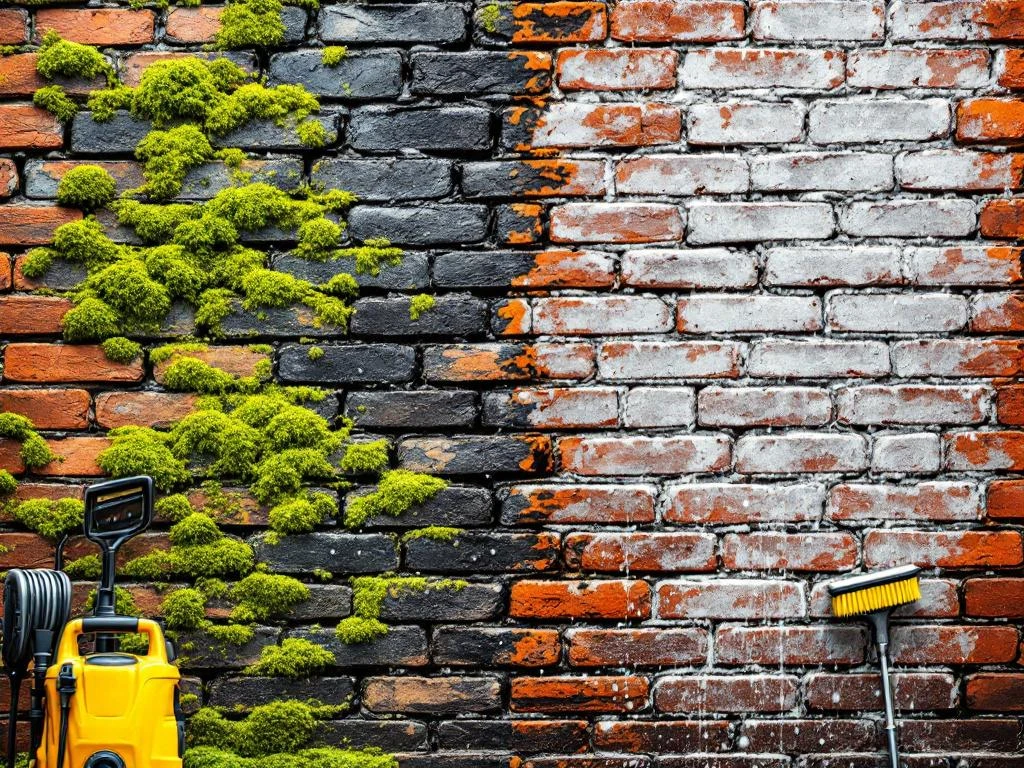 Gevelbescherming voor en na: vuile bakstenen muur met mos links, schone gerestaureerde muur rechts, reinigingsapparatuur