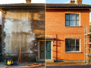 Voor-en-na vergelijking van professionele gevelreiniging: vuile bakstenen muur links, schone gerestaureerde muur rechts