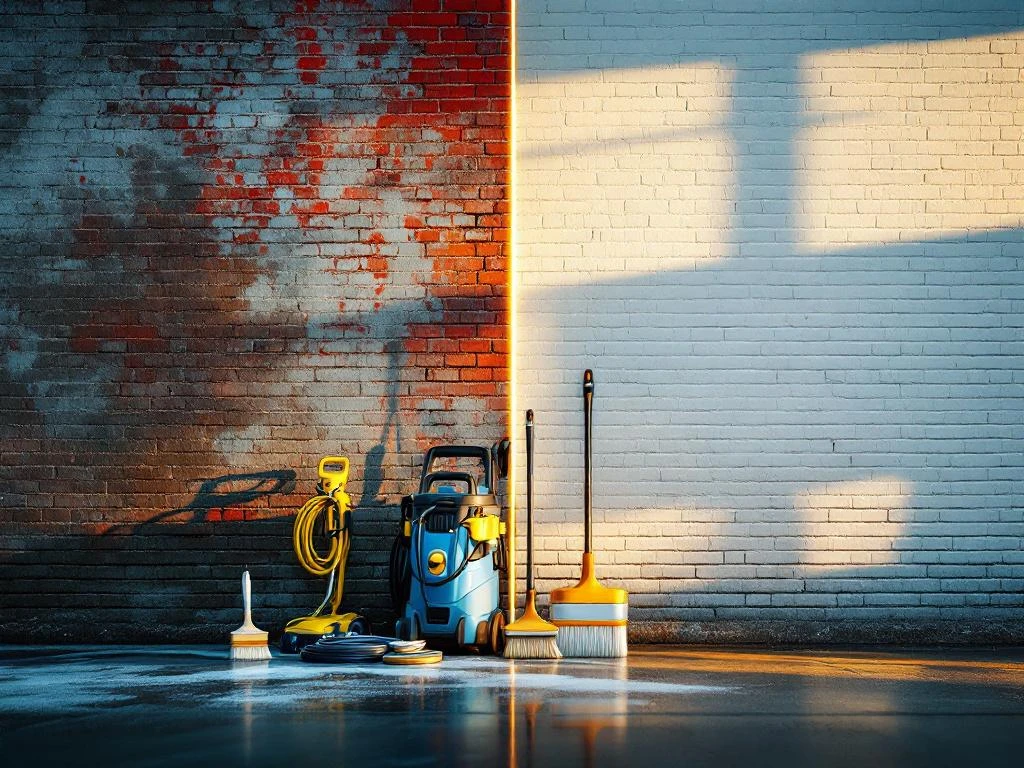 Gebouwgevel voor en na renovatie: vuile bakstenen muur links, schone gerenoveerde muur rechts met schoonmaakapparatuur