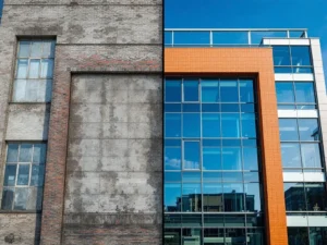 Voor-en-na vergelijking van gevelreiniging: vuile bakstenen gevel links, schone heldere gevel rechts