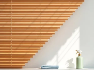 Houten jaloezie in honingkleur met waterdruppels na reiniging, met microvezeldoek en groene sprayfles
