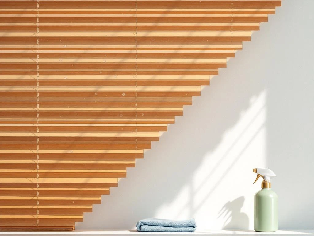 Houten jaloezie in honingkleur met waterdruppels na reiniging, met microvezeldoek en groene sprayfles