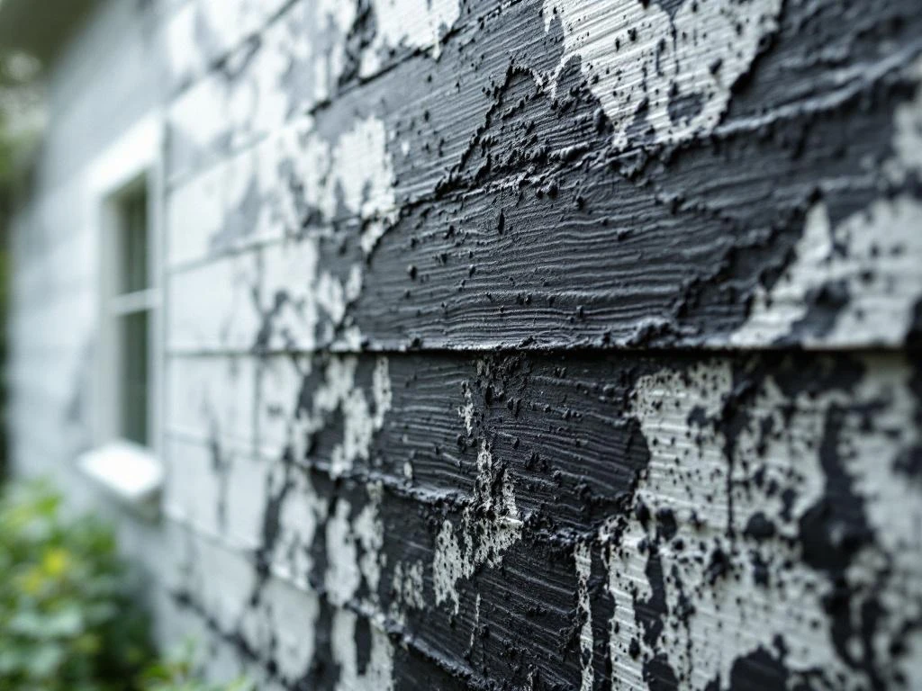 Zwarte vlekken en schimmel op witte gevelbekleding van huis, contrast tussen vervuilde en schone delen zichtbaar