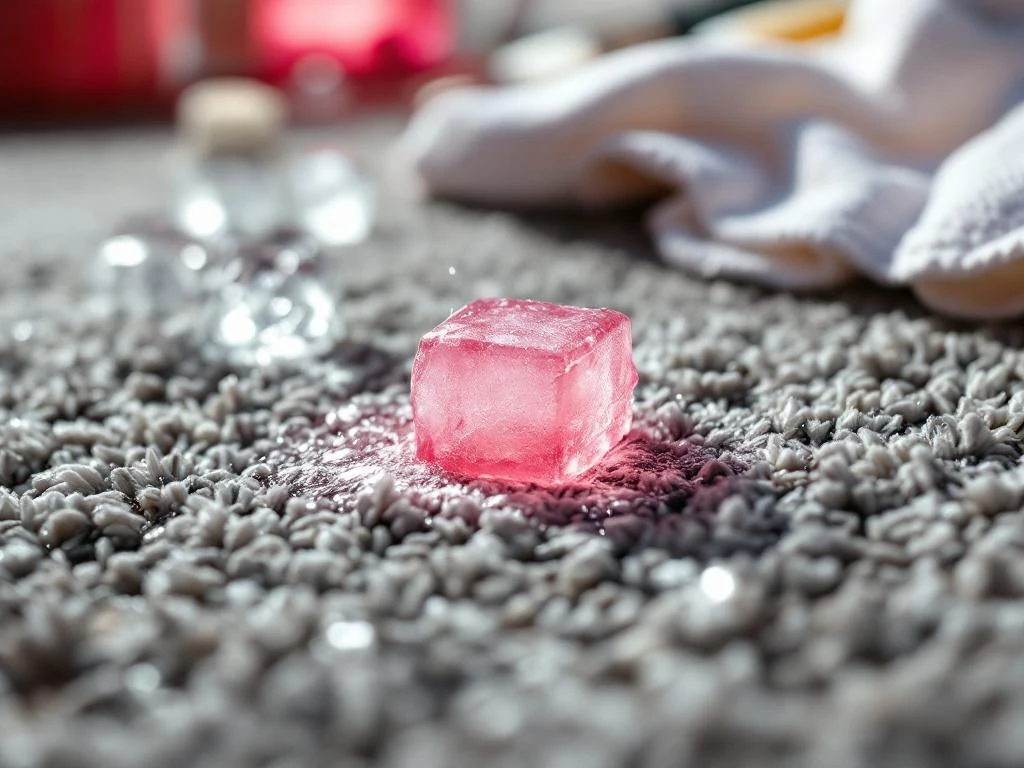 Roze kauwgom vastgeplakt op grijs tapijt met ijsblokjes, schrapertool en witte doek voor gumverwijdering