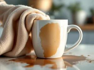 Witte koffiemok wordt schoongemaakt met doek, koffievlek wordt weggehaald op moderne keukenblad