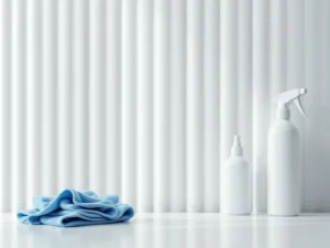 Witte verticale lamellen met professionele schoonmaaksprays en microvezeldoeken op minimalistische witte ondergrond