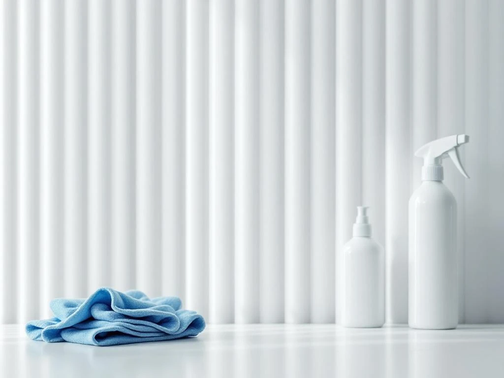 Witte verticale lamellen met professionele schoonmaaksprays en microvezeldoeken op minimalistische witte ondergrond