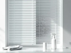 Witte horizontale raamlamellen half schoongemaakt, met contrast tussen stoffige en glanzende secties, professionele schoonmaakmiddelen zichtbaar.