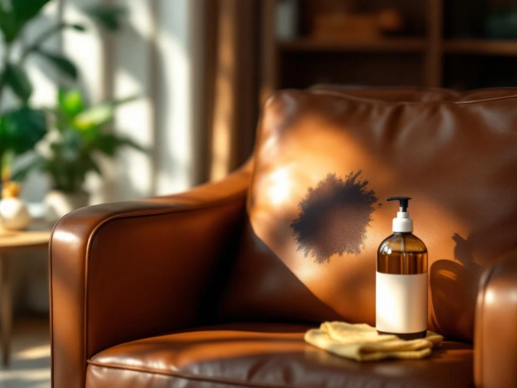 Bruine leren fauteuil met donkere vlek op zitting, reinigingsdoek en leeronderhoud product op houten tafel