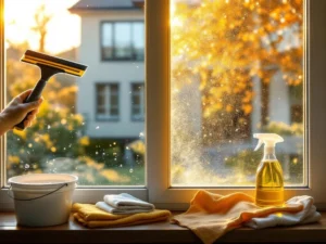 Professionele raamreiniging toont dramatisch verschil tussen schoon en vuil glas met zonlicht door helder gedeelte