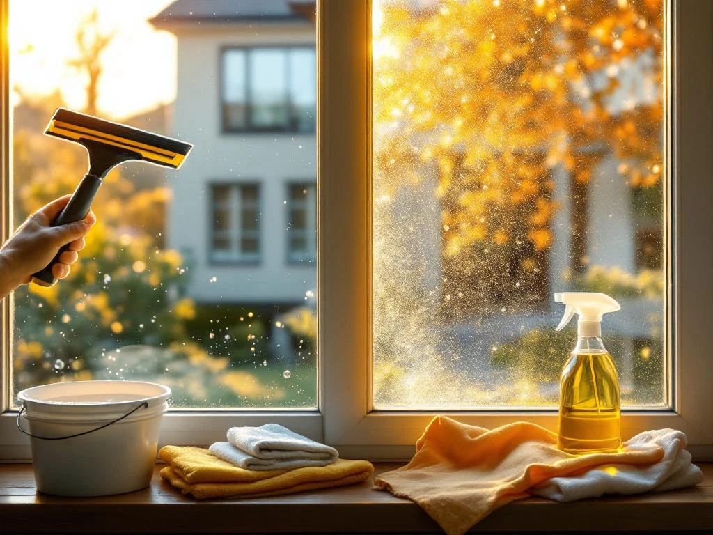 Professionele raamreiniging toont dramatisch verschil tussen schoon en vuil glas met zonlicht door helder gedeelte