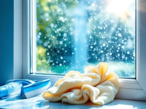 Kristalhelder raam met professionele squeegee en microvezeldoek, perfecte streepvrije afwerking in zonlicht