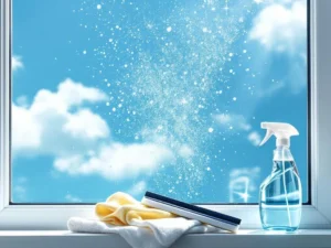 Kristalhelder raam met professionele schoonmaakspullen, waterdruppels en reflectie van blauwe lucht met wolken