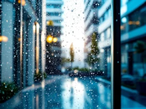 Kristalhelder raam met waterdruppels en professionele squeegee-strepen, perfect schoon glas met daglicht