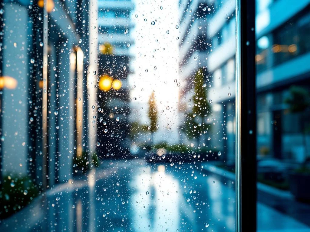 Kristalhelder raam met waterdruppels en professionele squeegee-strepen, perfect schoon glas met daglicht