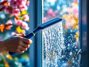 Professionele raamwisser reinigt kristalhelder glas met trekker, zonlicht toont zeepbellen en waterdruppels