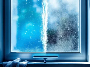 Raam met helft schoon transparant glas en helft met vlekken en strepen, professionele squeegee en microvezeldoek onderaan